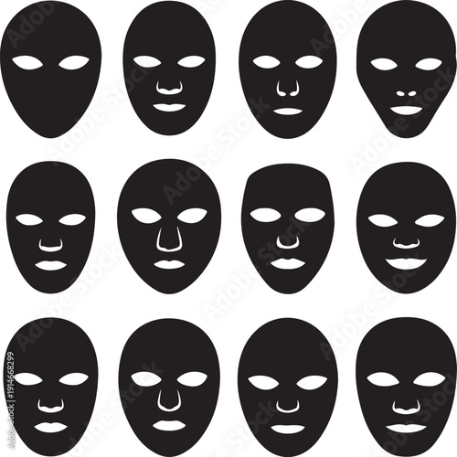 Mask superhero carnival villain or burgar vector icon set. Black masquerade costume eye mask silhouette hidden person face. Simple design incognito party masque shape template illustration