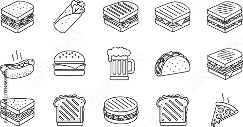 Black and White Sandwich and Fast Food Icon Set with Burger, Hot Dog, Taco, Beer Mug, Pizza Slice and Toast Vector Collection