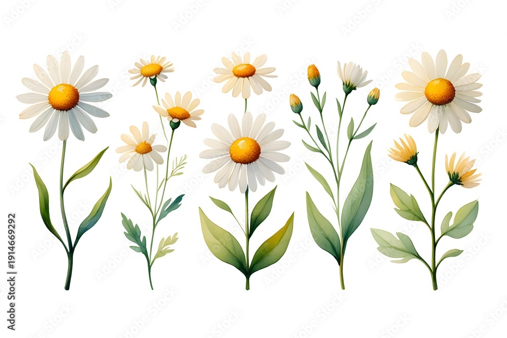 Fototapeta premium A delicate illustration of white daisy flowers with bright yellow centers and green leaves