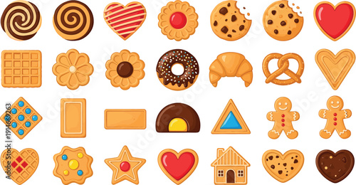 Cute Cookie and Biscuit Icon Set with Heart, Gingerbread Man, Donut, Pretzel and Chocolate Dessert Vector Collection