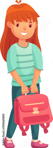 Happy schoolgirl with red hair walks to school with a pink backpack, radiating joy and positivity in a cute illustration
