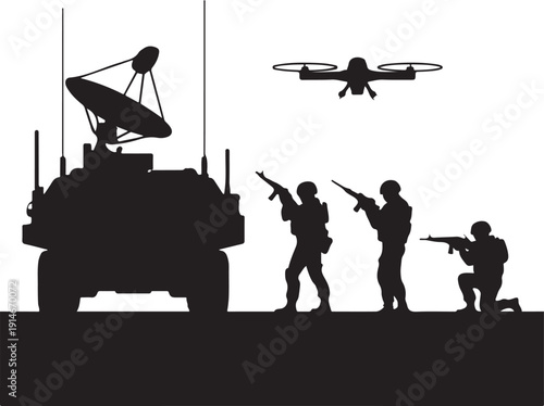 military team operating drone with communication vehicle silhouette vector engraving
