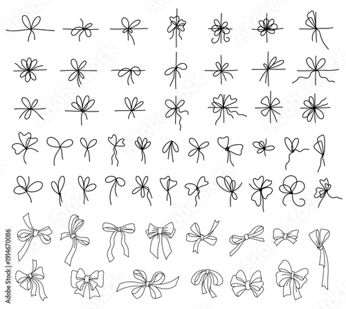 Hand drawn ribbons and bows in various styles. Bow and ribbon in thin line style. For decorative tying styles, holiday wrapping or textile design. Monochrome set vector illustration