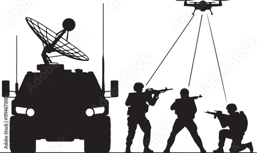 military team operating drone with communication vehicle silhouette vector engraving