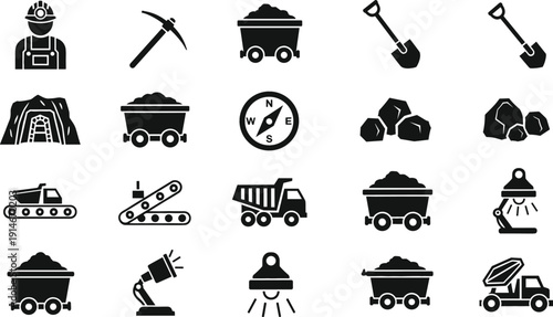 Mining Industry Silhouette Icon Set with Miner, Pickaxe, Coal Cart, Excavator, Dump Truck, Conveyor Belt and Underground Equipment Symbols