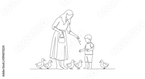 Woman and child feeding chickens together.