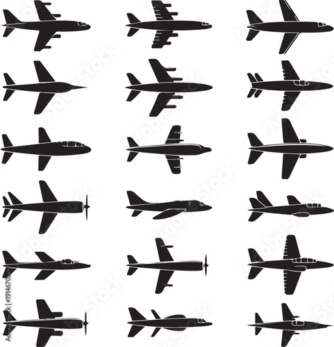 miltary, passenger, propeller and business aircraft silhouettes