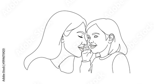 Continuous line drawing of a woman sharing a secret with a young girl.