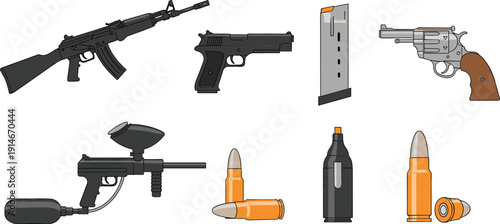 Firearms and Ammunition Vector Set with Rifle, Pistol, Revolver, Magazine, Paintball Gun and Bullets in Flat Isolated Illustration Style