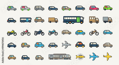 Collection of colorful cartoon vehicles and transportation icons.