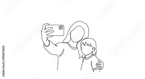 A simple line drawing of a man and a boy taking a selfie together.