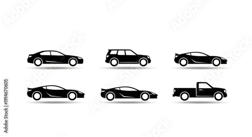 Collection of Diverse Black Car Silhouettes on White Background.