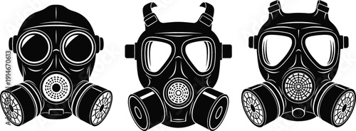 Gas Mask Silhouette Set with Protective Respirator Equipment Icons for Safety, Military, Industrial and Hazardous Environment Protection
