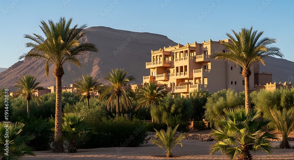 Fototapeta premium A luxury sand-colored desert resort nestled within a lush palm oasis against a backdrop of rugged, sunlit mountains