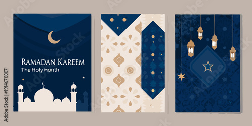 Ramadan kareem islamic greeting card designs with crescent moons and lanterns