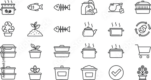 Eco Friendly Kitchen and Food Waste Line Icon Set with Recycling, Compost, Cooking Pot, Tea Bag and Sustainable Living Symbols