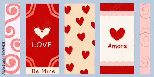A series of vertically oriented red and pink designs with hearts and text