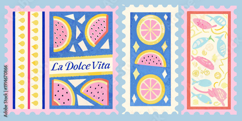 Colorful postage stamps featuring fruit slices and playful designs