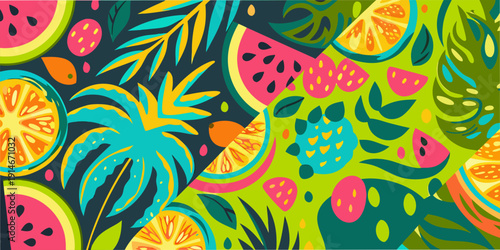 Vibrant tropical fruit and foliage pattern with watermelon citrus and palm leaves