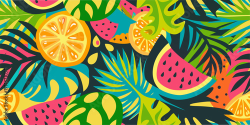 A vibrant colorful pattern featuring tropical fruits and lush foliage