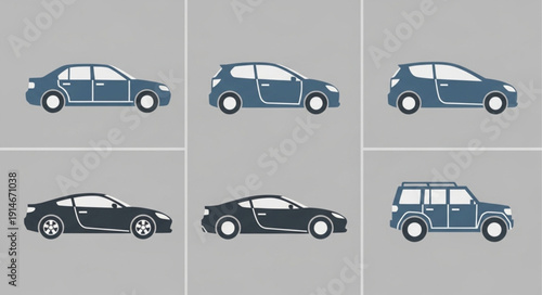 Collection of diverse car types in flat design style.
