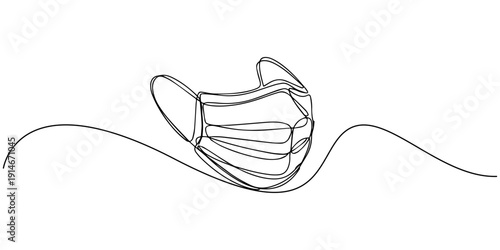 Face mask one line art drawing of medical protective equipment, Continuous one line drawing of a face mask. Concept of protection, health and safety, Fabric Face Mask Protection continuous one line