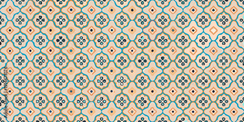 Intricate geometric pattern with turquoise and peach diamond shapes