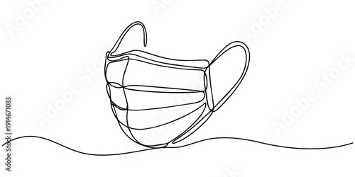 Face mask one line art drawing of medical protective equipment, Continuous one line drawing of a face mask. Concept of protection, health and safety, Fabric Face Mask Protection continuous one line