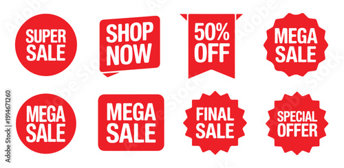 Red sale badges and promotional stickers for shopping discounts with starburst and circle designs