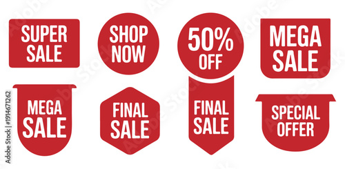 Promotional red sale tags and shopping discount labels for retail advertising campaign collection