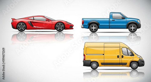 Collection of diverse vehicles including a sports car pickup truck and van.