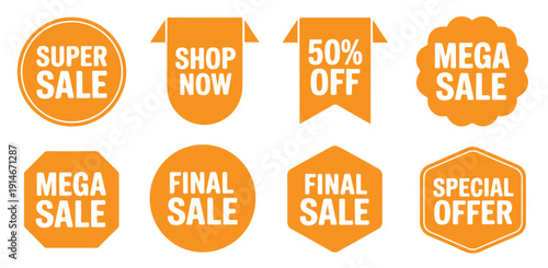 Orange sale tag stickers set with promotional badges including mega sale and discount price labels