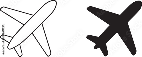 Graphic airplane icon set with outline and solid symbols in circles for travel aviation.