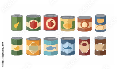 Flat canned food vector set with metal containers and grocery products isolated on white background