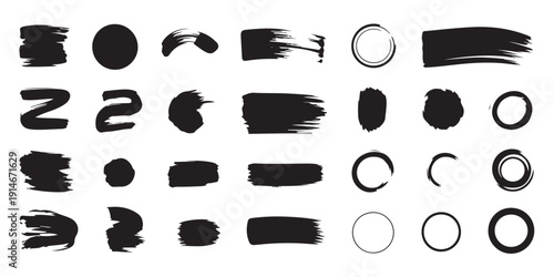 Abstract black grunge brush strokes ink brush strokes and circles dirty spots isolated on white