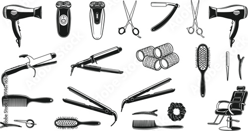 Hair Salon and Barber Tools Sketch Icon Set with Scissors, Hairdryer, Razor, Comb, Brush, Straightener and Styling Equipment Vector Collection