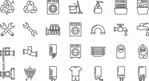 Plumbing and Household Appliances Line Icon Set with Water Heater, Washing Machine, Pipes, Faucet, Recycling, and Maintenance Tools for Home Services Design