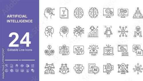 Artificial intelligence and machine learning line icon set with 24 editable neural network, robot, and deep learning symbols.