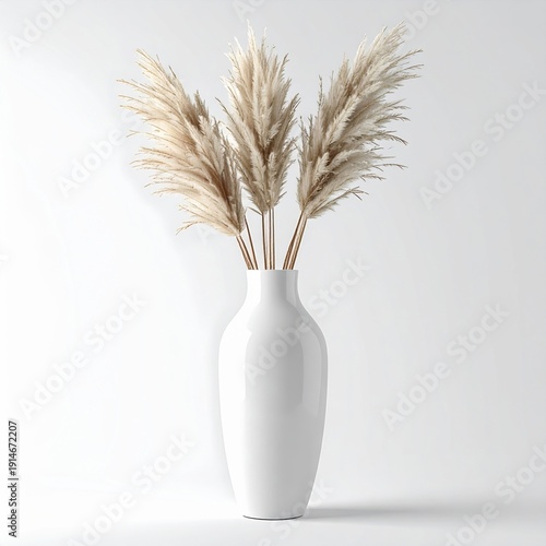 Elegant White Ceramic Vase Holding Tall Dried Pampas Grass Stems Illuminated by Soft Natural Light Against a Clean White Background