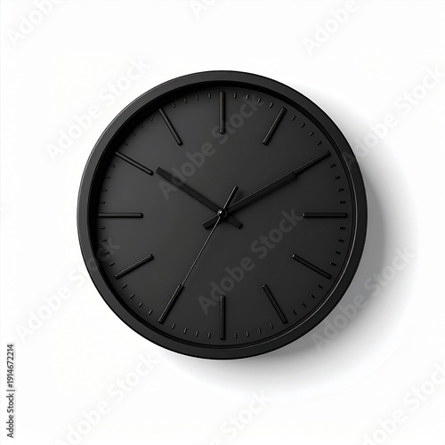 Minimalist Black Wall Clock With White Background And Subtle Shadow Showing Time With Simple Hands And Hour Markers