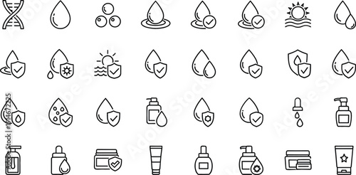 Natural Skincare Line Icon Set with Oil Drops, Serum Bottles, Cream Jars, Sun Protection, DNA Symbol, and Organic Beauty Product Elements
