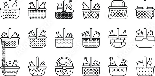 Shopping Basket Line Icon Set with Grocery Products, Supermarket Items, and Retail Cart Symbols for E Commerce Apps and Store Designs