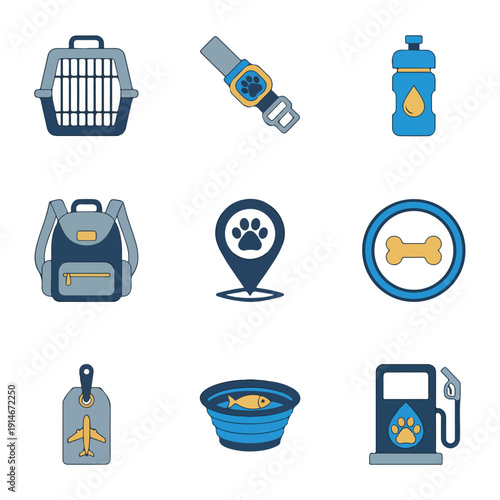 This vector displays nine flat icons illustrating pet travel essentials and pet-friendly services like carriers, collars, food, water, and location.
