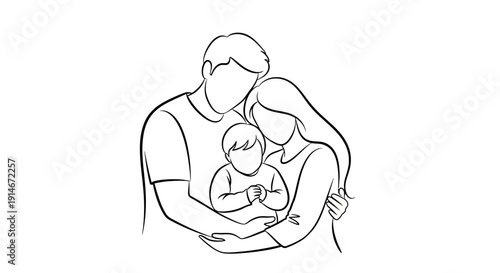 Continuous line drawing of a happy family with a baby.