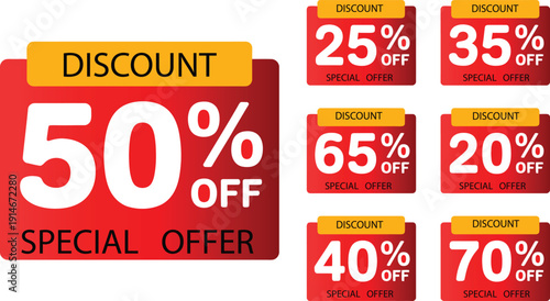 A collection of brightly colored discount tags displaying percentage off offers ranging from 20 to 70 high-quality professional detailed modern