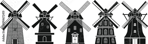 Traditional Windmill Silhouette Set with Vintage Dutch and European Style Mills Black Vector Collection for Rural Landscape and Heritage Design