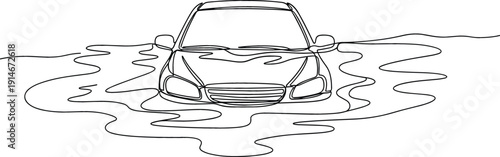 Continuous line drawing of a car submerged in flood water representing natural disasters climate change emergency and car insurance claims.