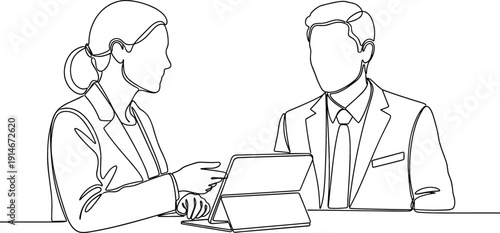 Continuous line drawing of a businessman and businesswoman in a meeting with a laptop featuring professional consultation digital collaboration and corporate partnership.