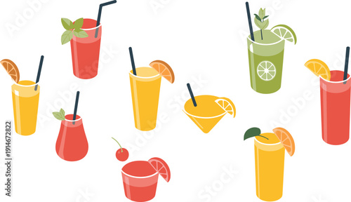 Flat isometric cocktail drinks illustration set, colorful beverages collection, citrus garnish glasses, modern bar vector design artwork style