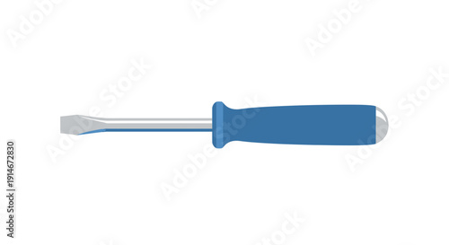Blue handled flathead screwdriver on white background.